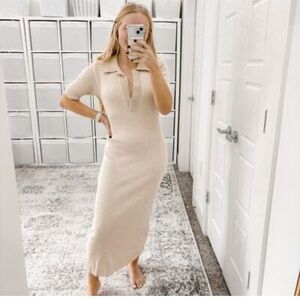 Caroline Constas Ribbed Knit Crochet V-Neck Midi Dress. Size: L